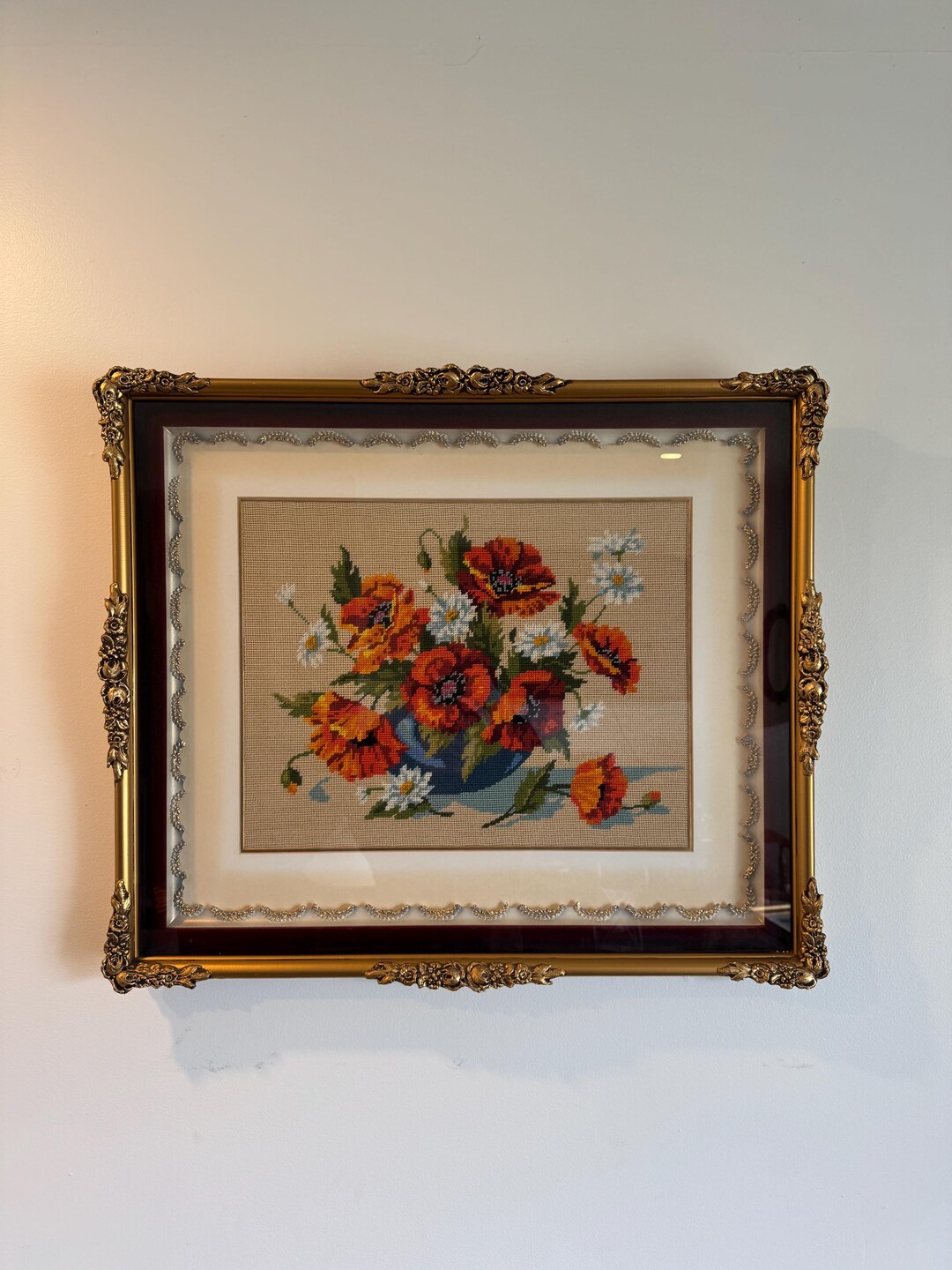 Vintage Floral Needlepoint | Ornate Gold Framed Wall Art | Red Velvet ...