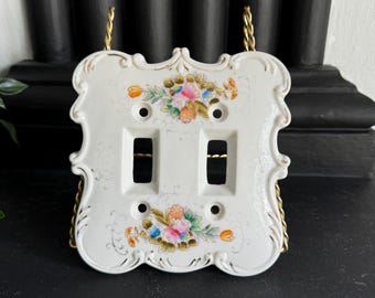 Porcelain Double Light Switch Cover, Floral Vintage Light Switch Plate, Hand Painted, Made in Japan, Coquette, white