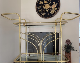 Vintage Brass Bar Cart | Hollywood Regency Drink Trolley | 2 Tier Glass Shelf Serving Cart