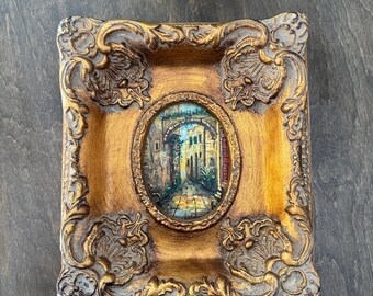 Vintage European Street Scene Oil Painting in Gold Frame