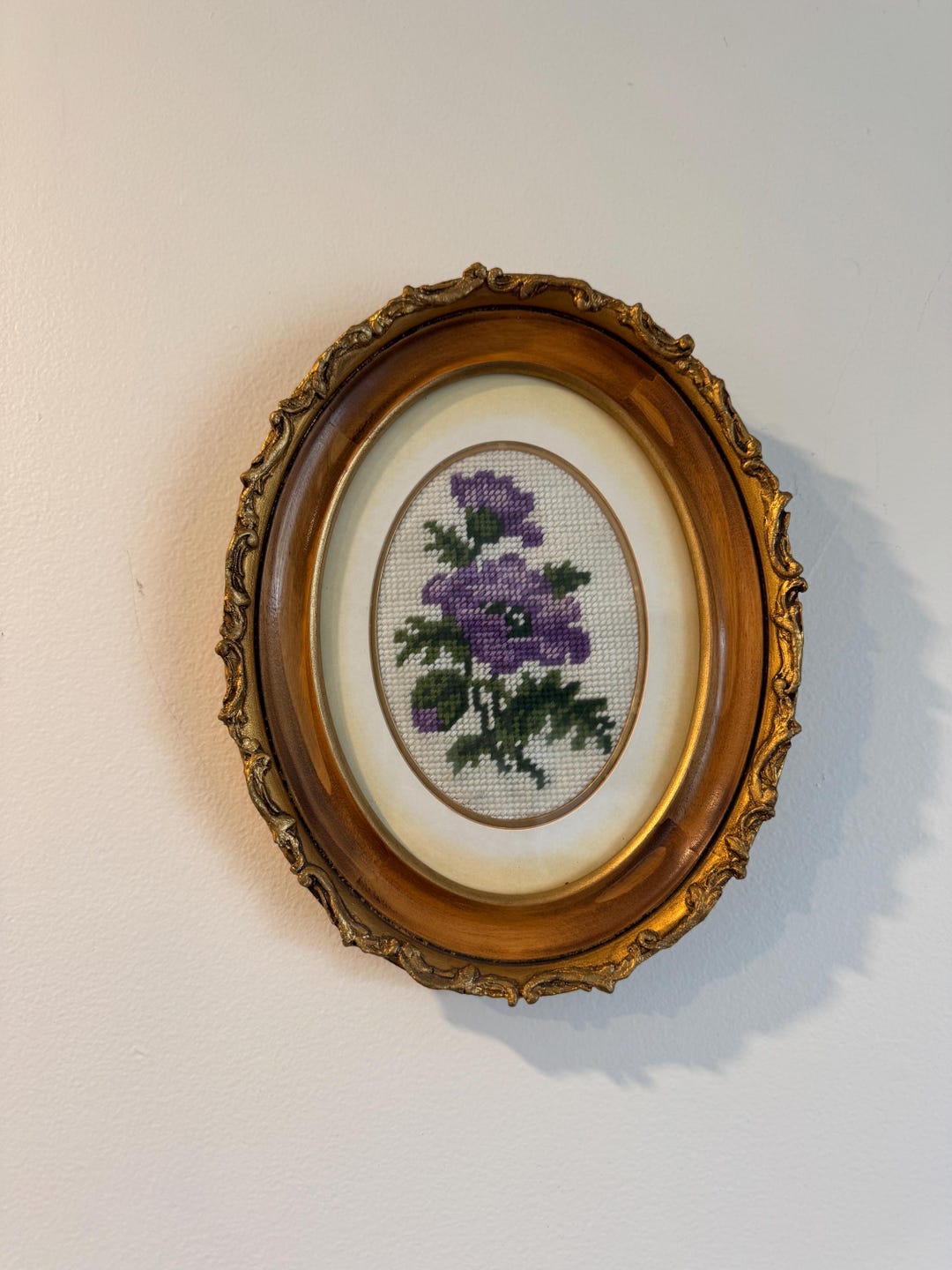 Vintage Oval Framed Needlepoint | Floral Rose Wall Art | 10x8 Gold ...