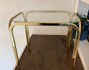Vintage Brass Side Table | Glass Top End Table | Hollywood Regency Accent Table
