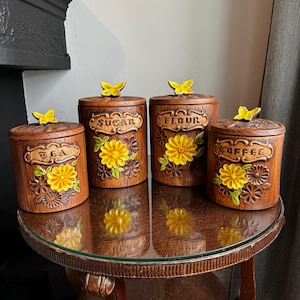 Vintage Treasure Craft Butterfly Canister Set, Floral Canisters, Flour, Coffee, Tea, Sugar, Retro Kitchen Decor, Ceramic, Set of Four