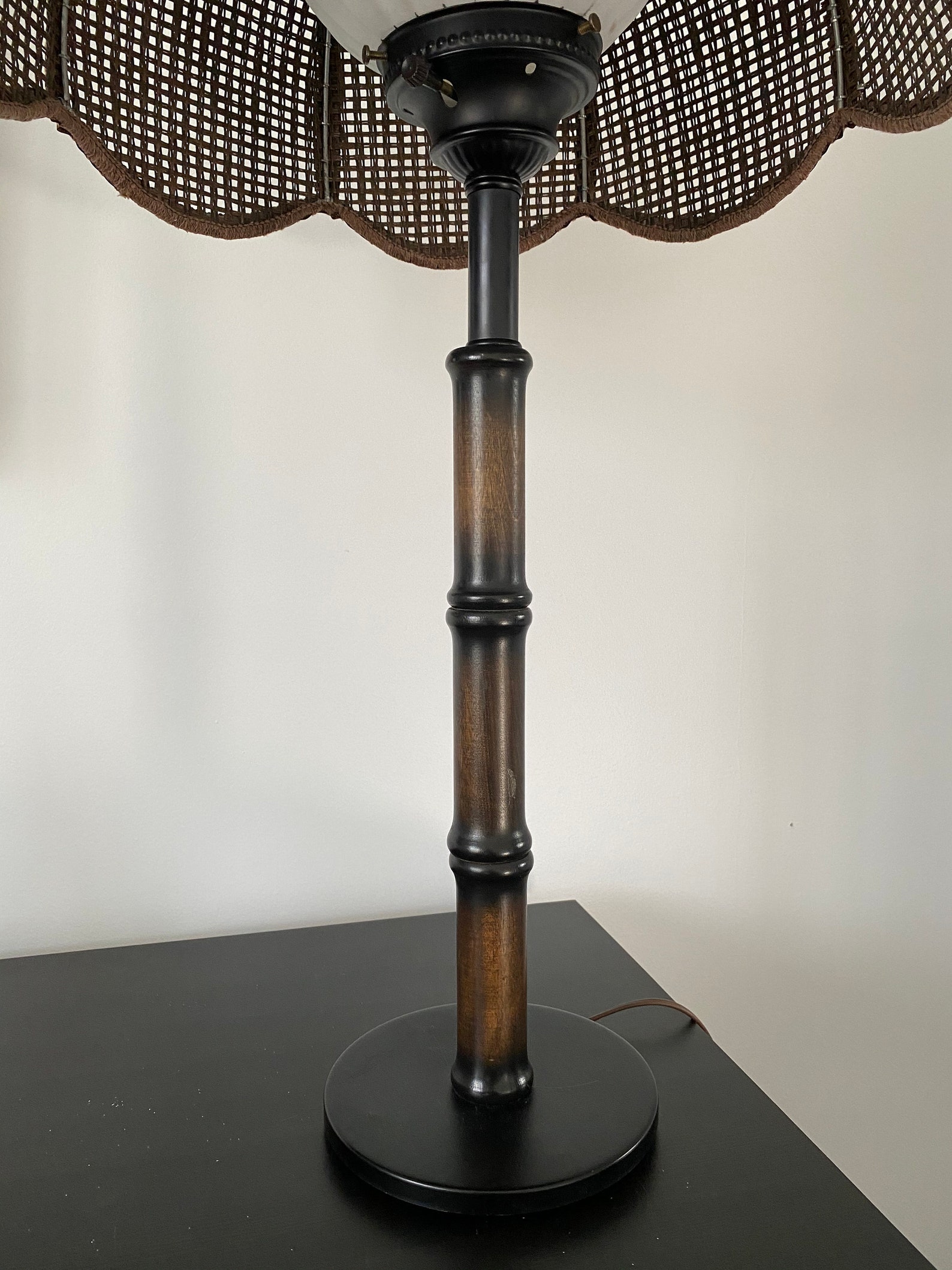 Vintage Table Lamp, Faux Bamboo Style, Wicker Shade, Globe Light