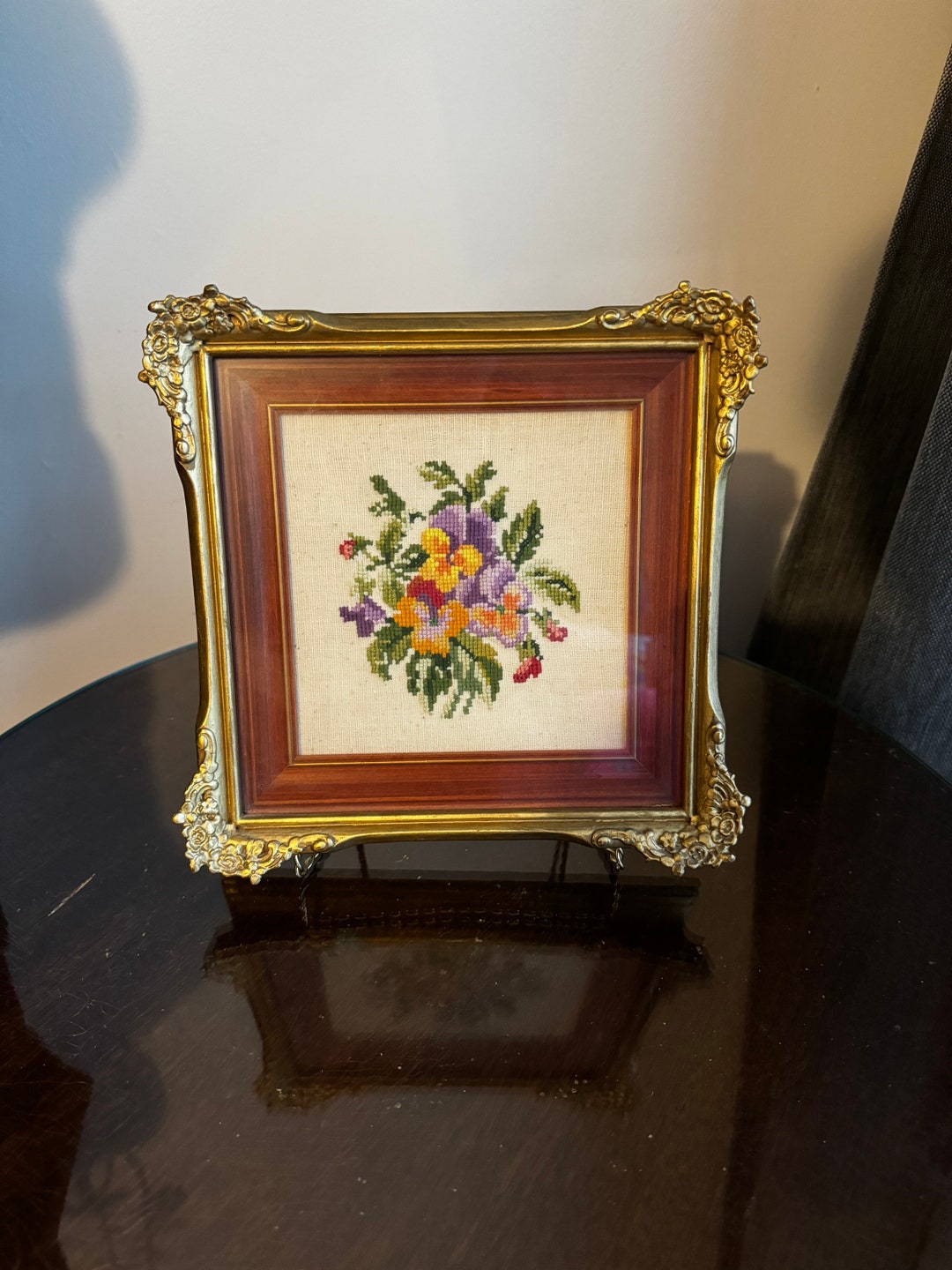 Vintage Ornate Framed Needlepoint Picture, Floral Wall Decor, Flower ...