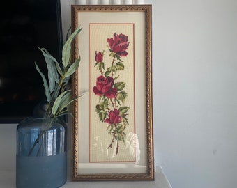 Vintage rose needlepoint in a gold frame with glass, circa 1950, cross stitch, Gothic, Decor, MCM