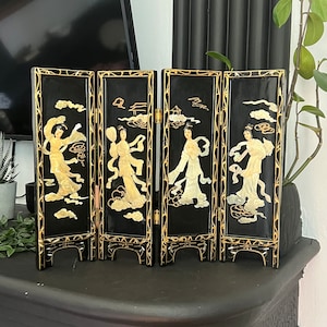Vintage Japanese Black Lacquer & Mother of Pearl Tabletop Folding Screen