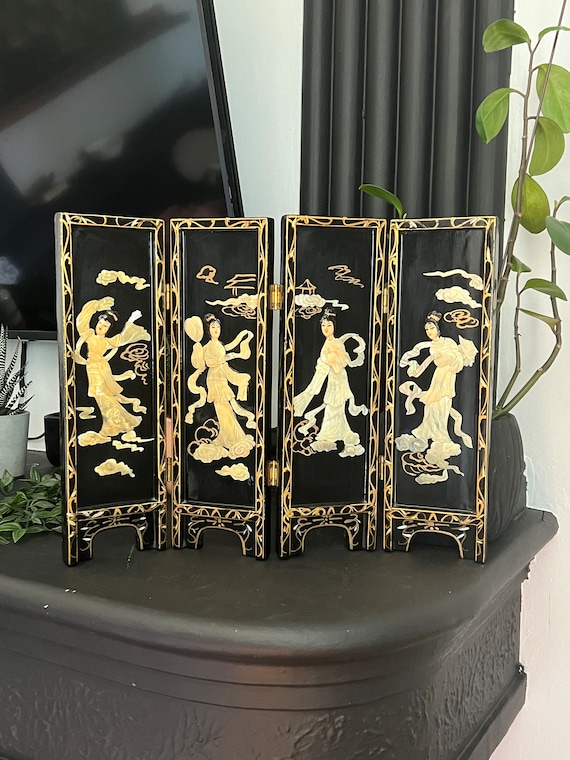 Vintage Japanese Black Lacquer & Mother of Pearl Tabletop Folding