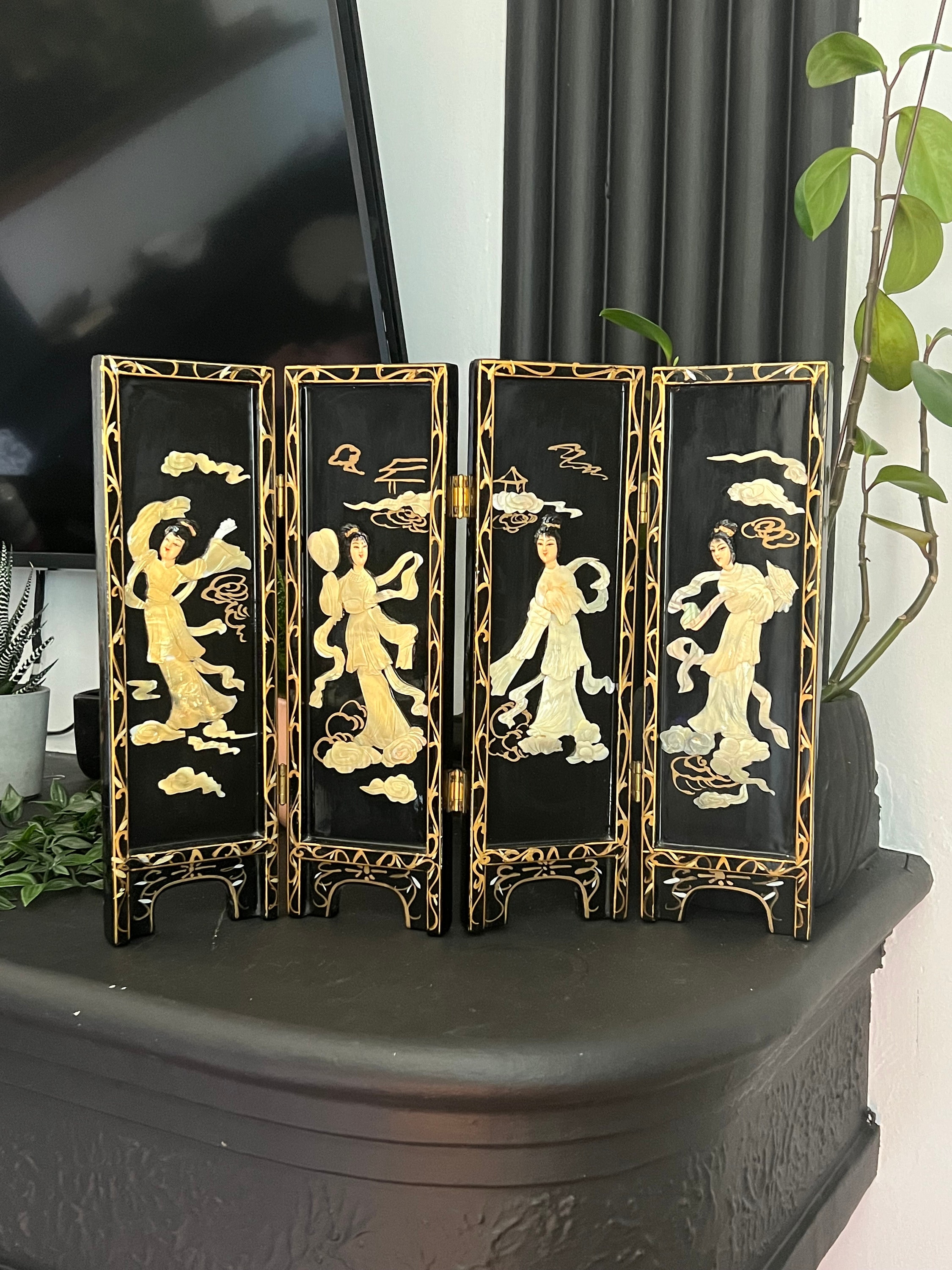 Vintage Japanese Black Lacquer & Mother of Pearl Tabletop Folding