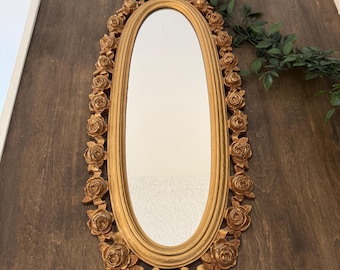 Espejo ovalado Syroco vintage / Espejo de pared con marco de lazo de rosas ornamentado / Decoración Hollywood Regency