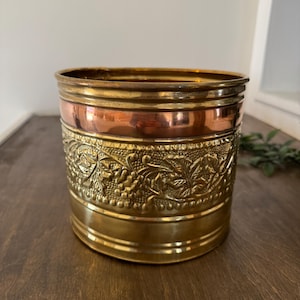 Vintage Brass Planter | Small Embossed Cache Pot | 6.5 x 7 Brass and Copper