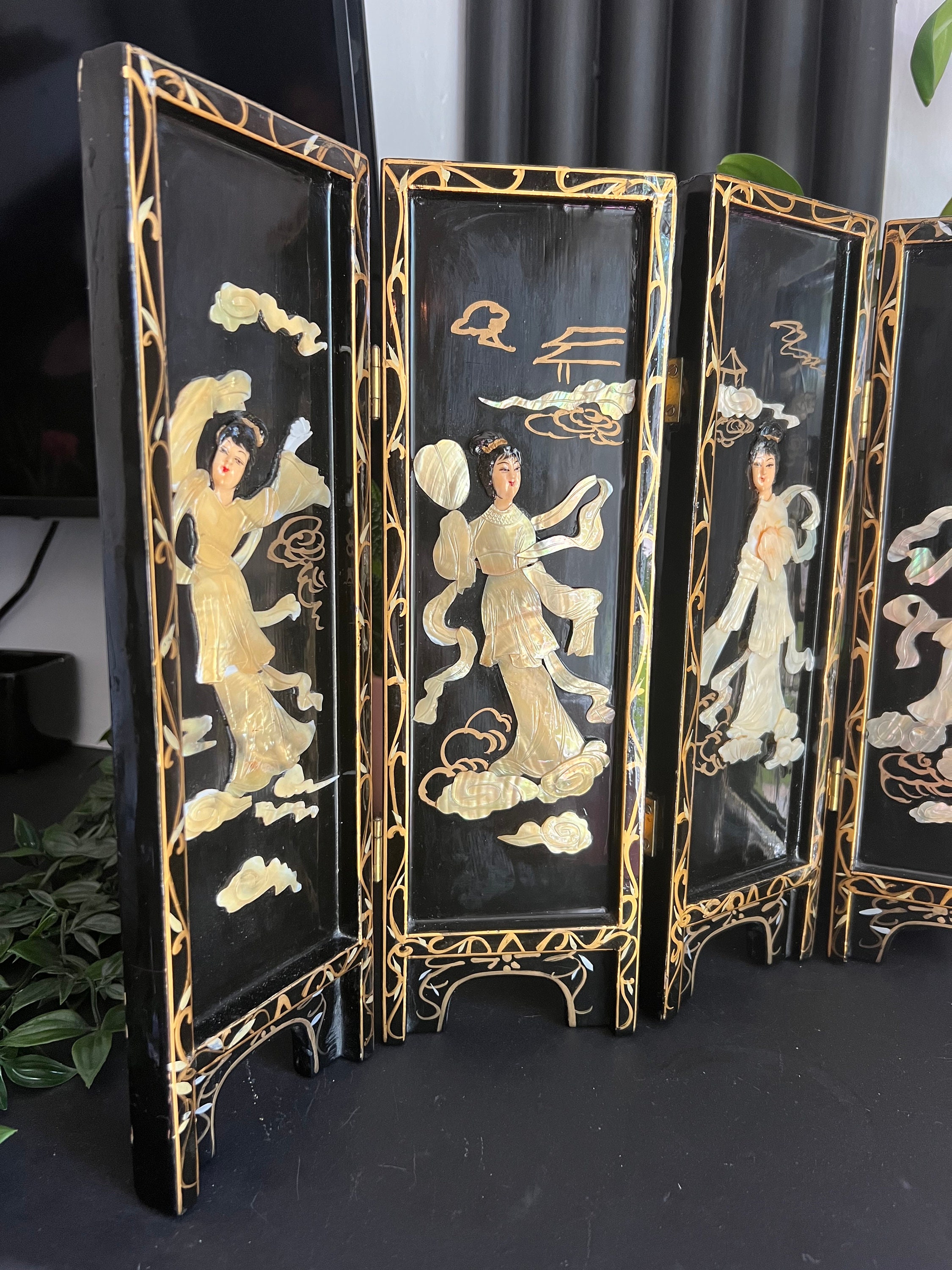 Vintage Japanese Black Lacquer & Mother of Pearl Tabletop Folding