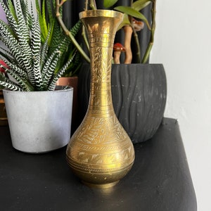 Solid Brass Vase – Vintage Home Decor – Etched Brass – Boho Chic