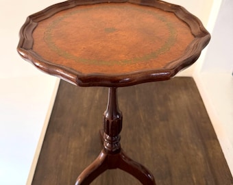 Vintage Leather Top Side Table | Round Pedestal Accent Table | Small Scalloped Wood Table