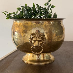Vintage Brass Lion Head Planter | Large Lion Ring Cachepot | 12” Brass Jardiniere for Indoor Plants