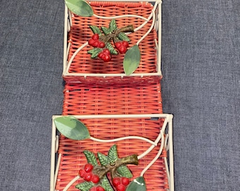 Vintage Wicker Mail Holder, Berries, Key Hooks, Wall Hanging, Pink and White