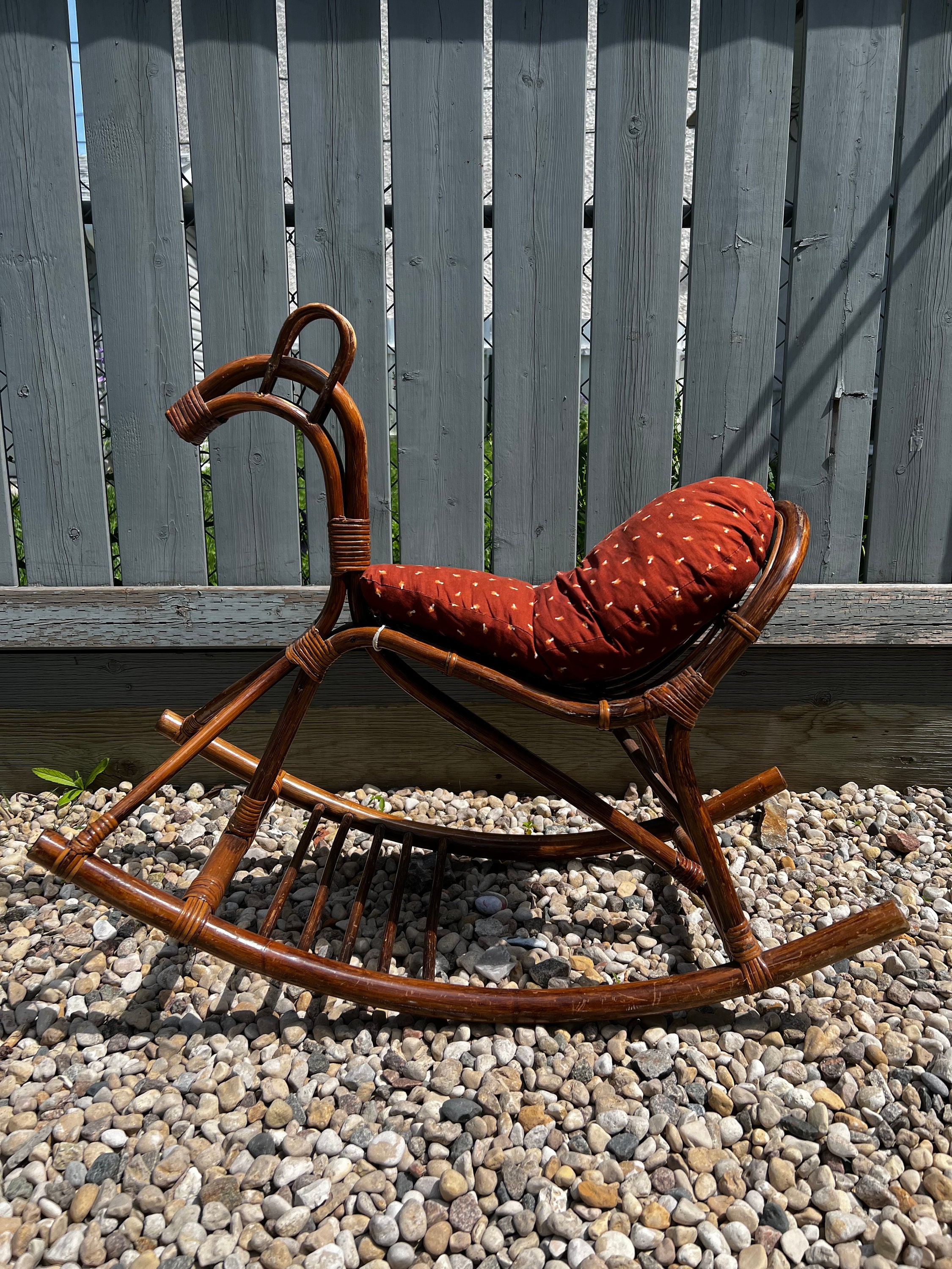 Mid Century Rattan Rocking Horse, Photo Prob, Childs Toy, Boho Decor ...