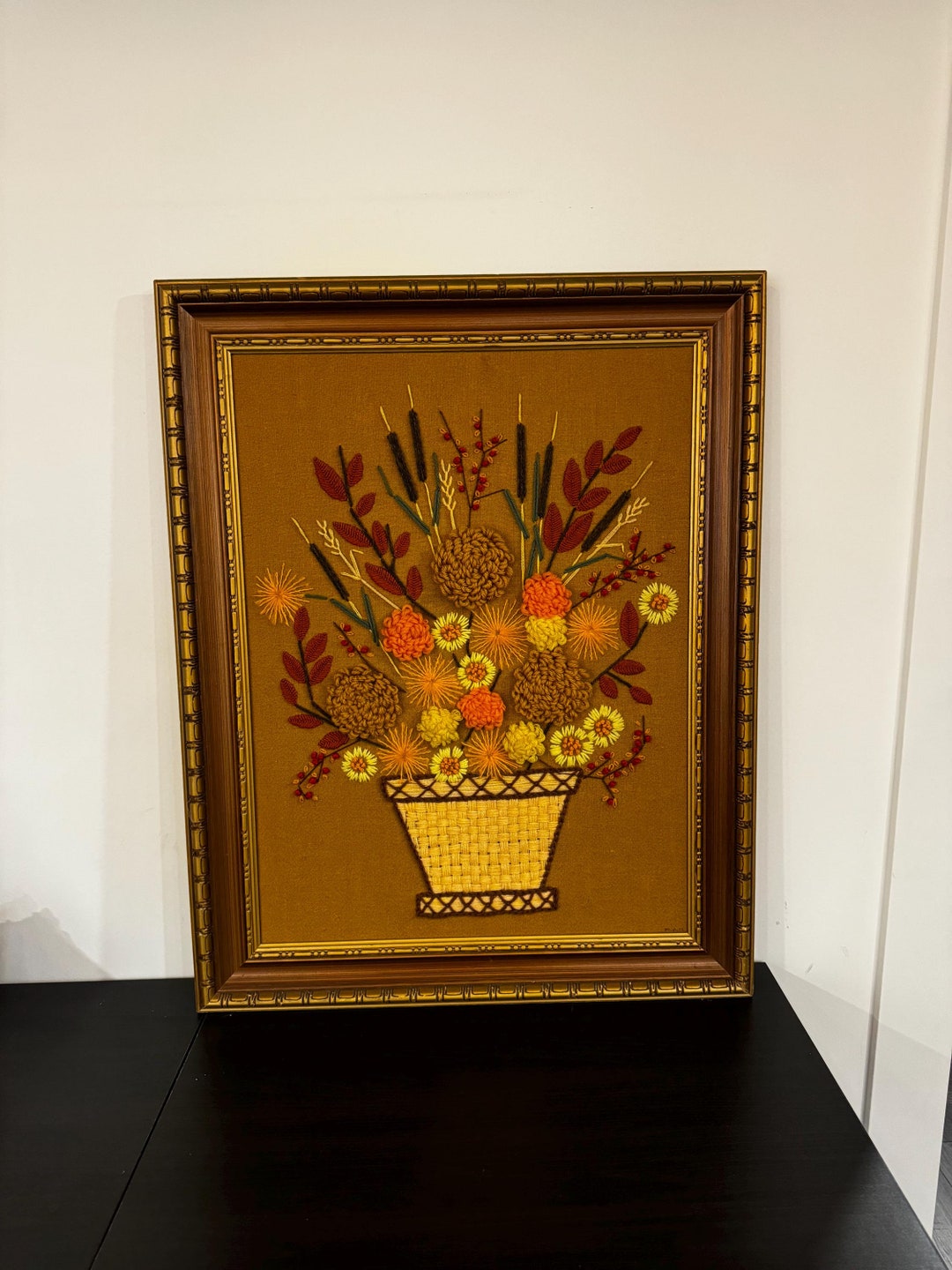 Vintage Crewel Floral Wall Art Large Framed Embroidery With Bright ...