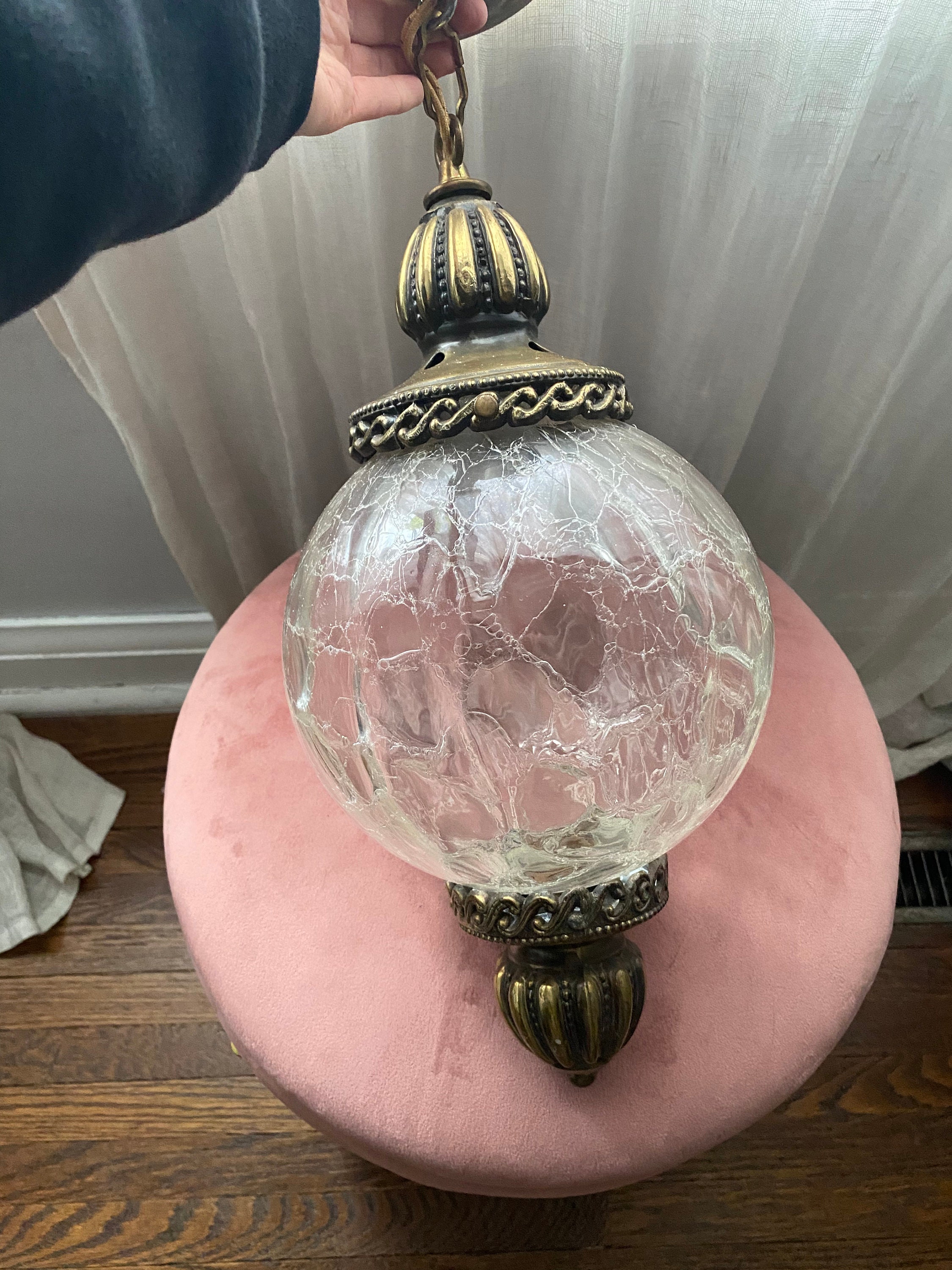 Vintage Crackle Glass Globe Light Clear Glass Retro MCM
