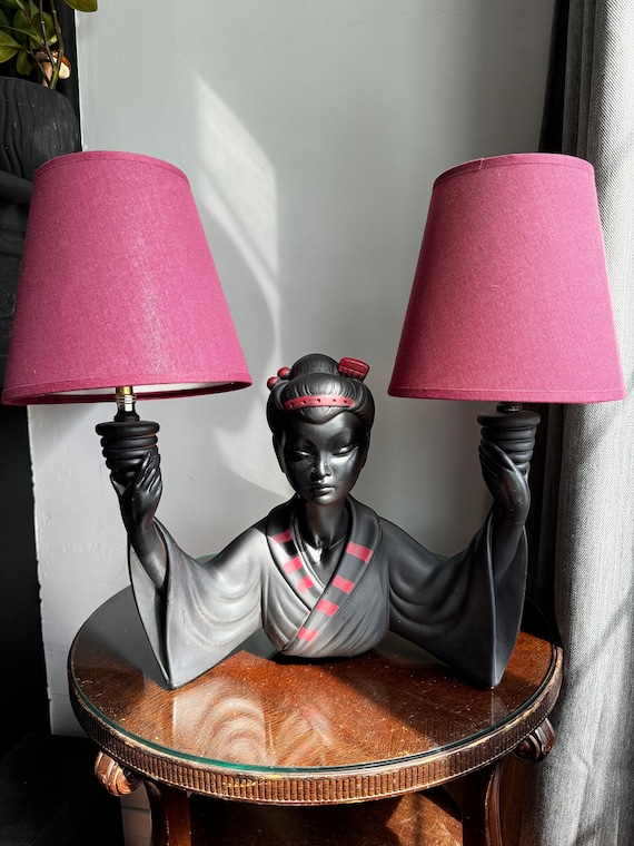 Vintage Chalkware Woman Lamp: Oriental Style Double Light Table