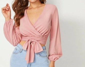 Cute Women Blouse| Women Tops| Women Shirt| Surplice Self-Tie Cropped Wrap Top| Tops For Women| Gift For Women| Women Summer Tops