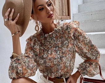 Cute Women Blouse| Women Tops| Women Shirt| Floral Print Ruffle Trim Chiffon Blouse| Tops For Women| Gift For Women| Women Summer Tops