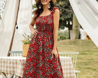 Dress For Women| Floral Print Shirred A-line Dress| Boho Dress| Flower Dress| Summer Dress| Long Maxi Dress| Gift For Women