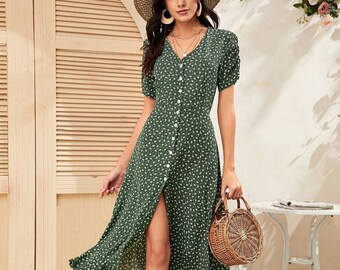 Dress For Women| Floral Dress| Midi Dress| Summer Dress| Ditsy Floral Button Through Dress | Gift For Women| Boho Dress| Short Sleeve Dress
