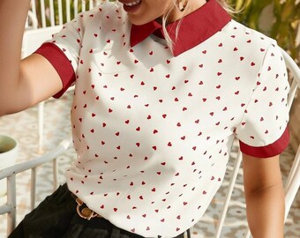 Women Top| Women Blouse| Women Shirt| Top For Women| Women Summer Top| Heart Confetti Dot Contrast Binding Blouse| Gift For Women