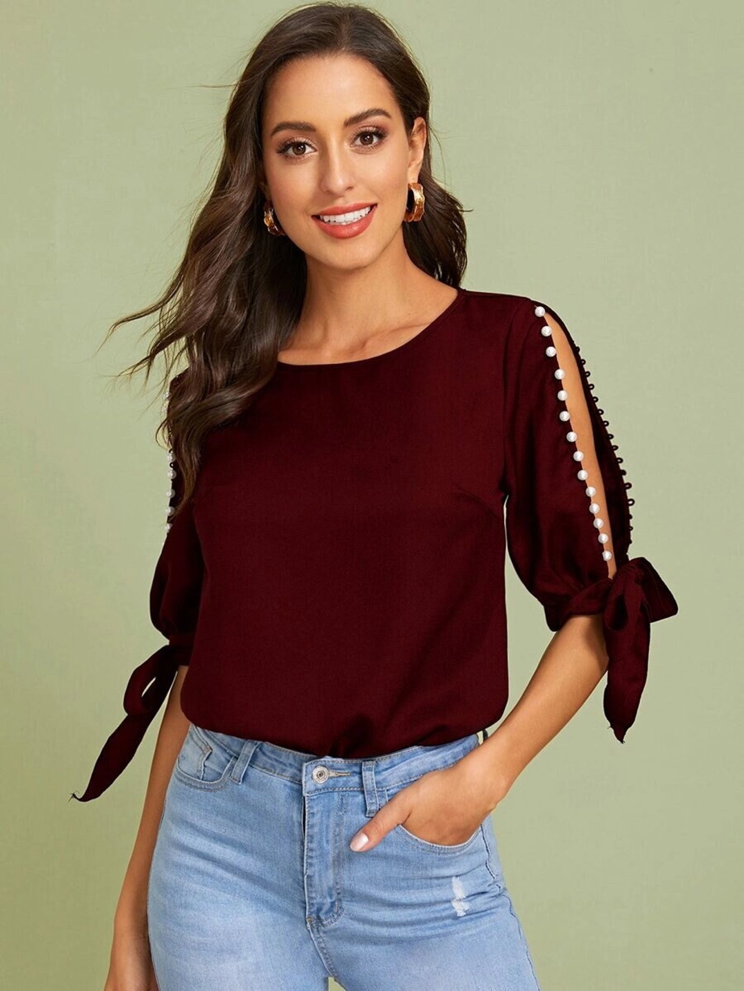 Women Cute Blouse Knot Split Sleeve Pearls Beaded Top - Etsy Canada