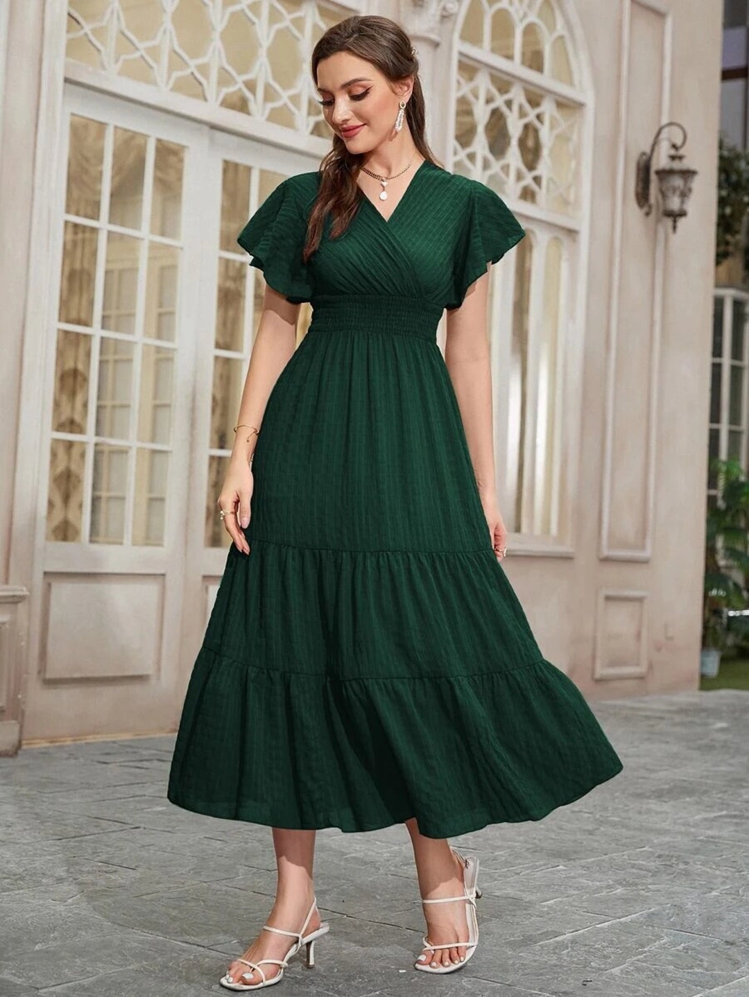 Women Elegant Dress Butterfly Sleeve Shirred Ruffle Hem Etsy