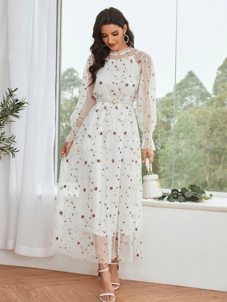 Dress For Women Embroidery Mesh Overlay Shirred Waist Dress White