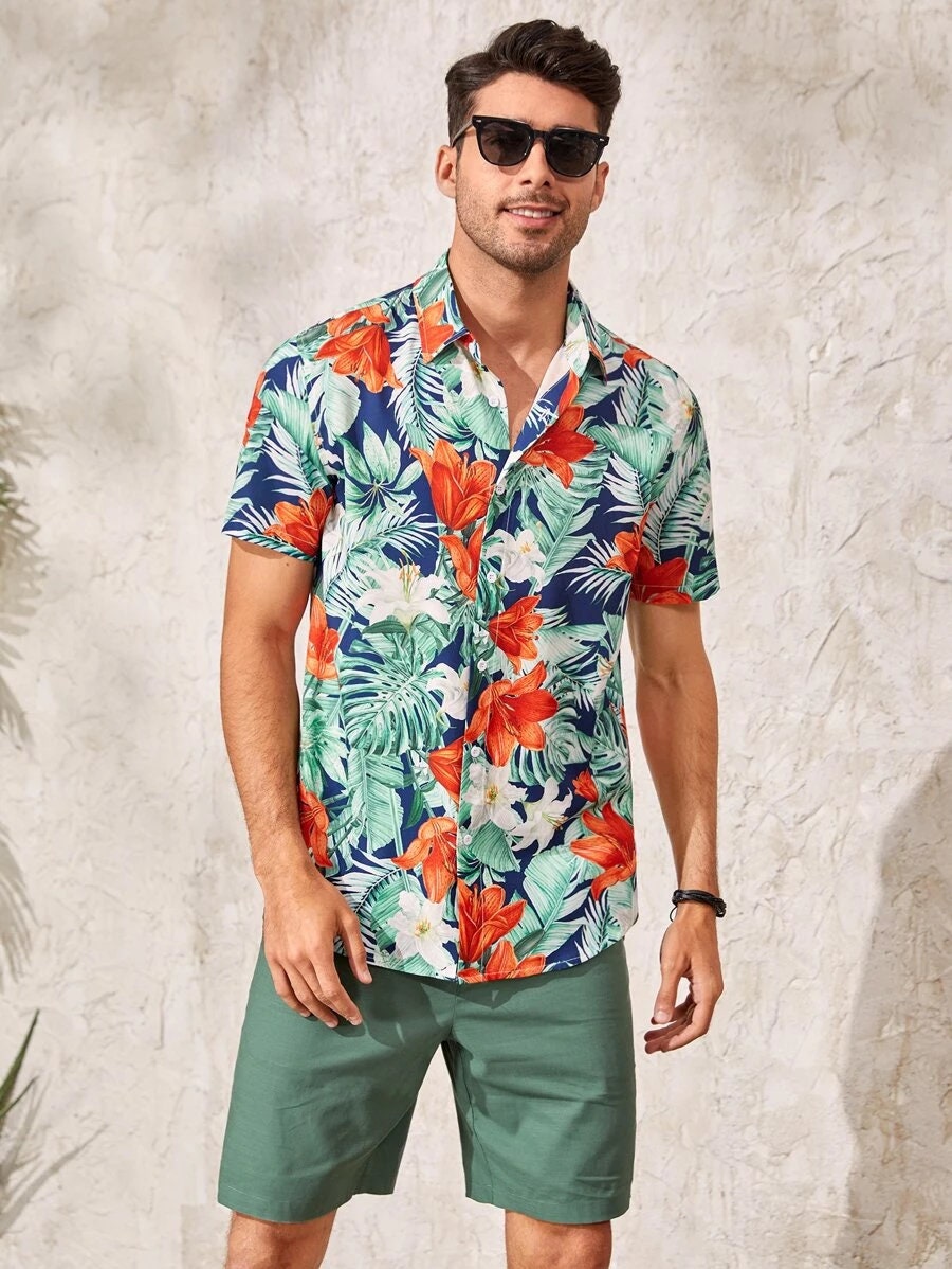 Men Beach Shirt Men Hawaiian Shirt Men Tropical Print Button - Etsy