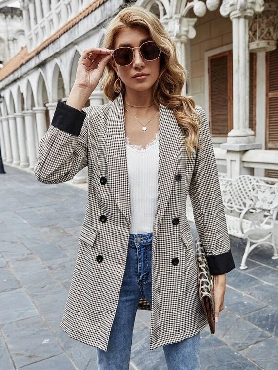 Women Blazer| Women Suits| Shawl Collar Plaid Double Breasted Blazer| Blazer for Women| Suits for Women| Ladies Blazer| Ladies Suits
