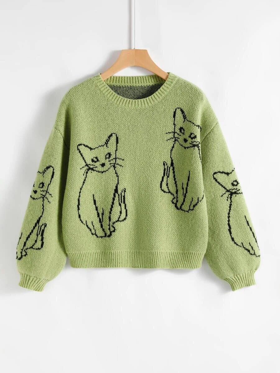 Women Cute Sweater Round Neck Pullover Sweater Cat Pattern - Etsy Canada
