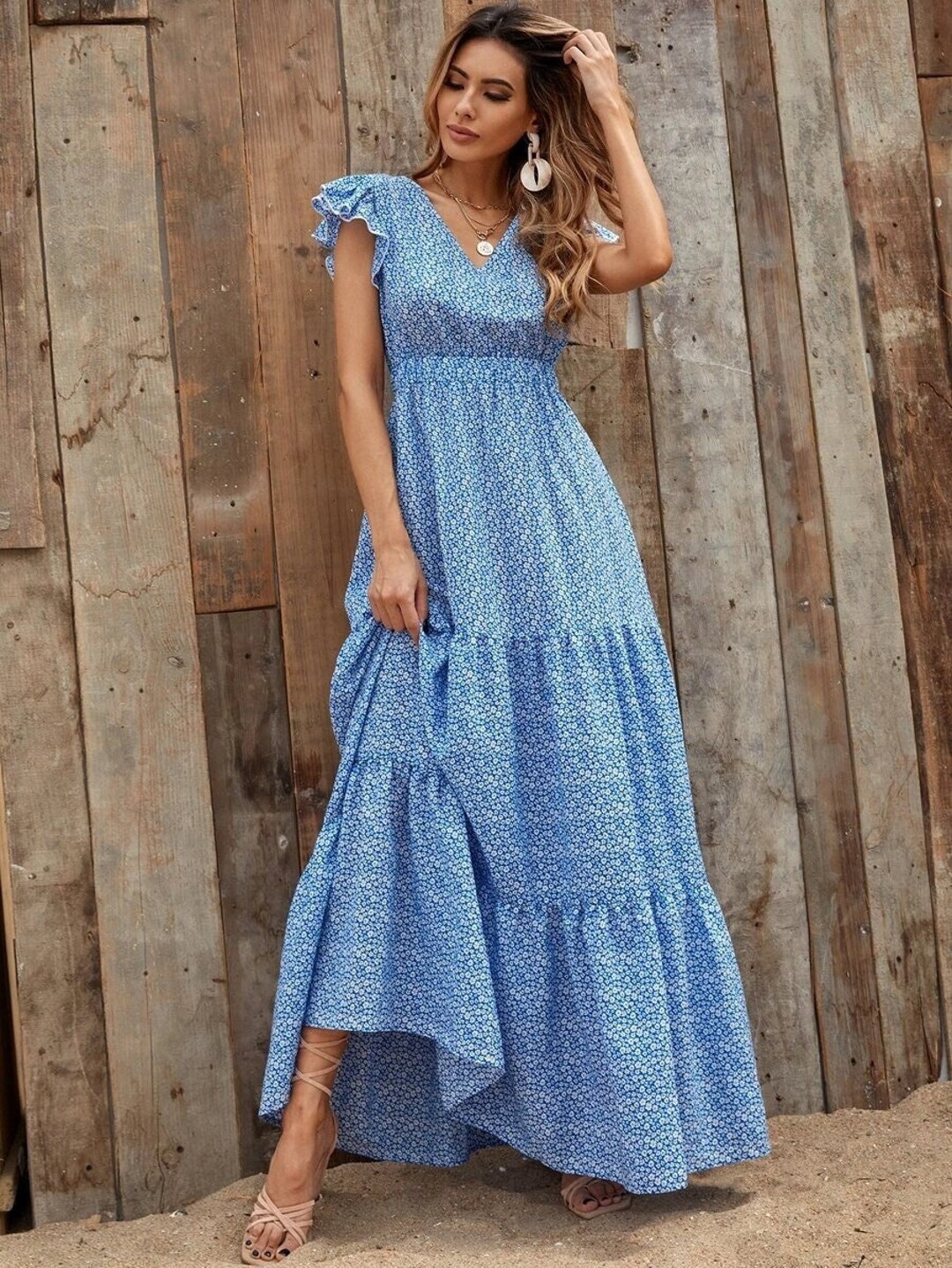 blue ruffle hem dress