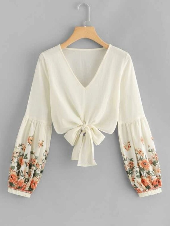 Women Cute Blouse Women Casual Tops Floral Chiffon Self-tie - Etsy Finland