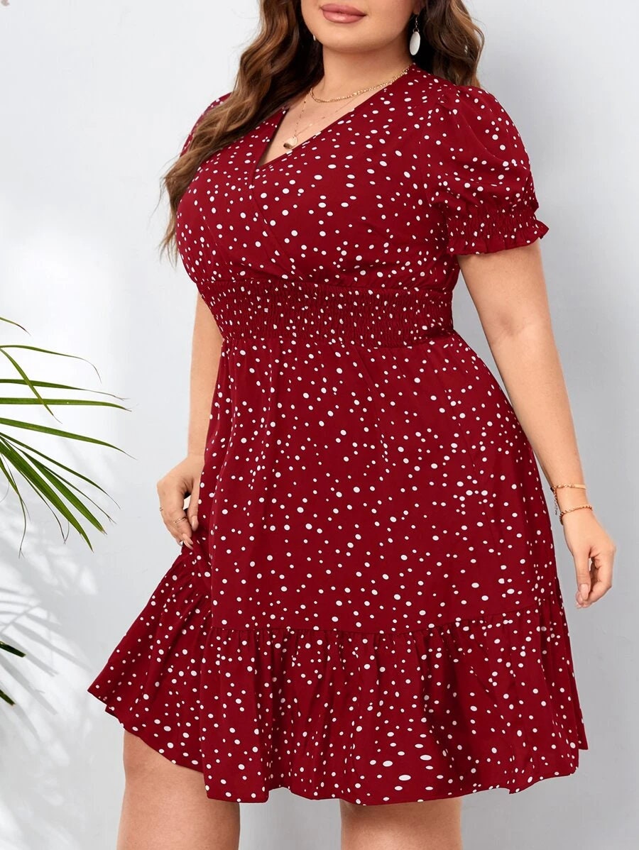 Polka Dot Shirred Waist Dress