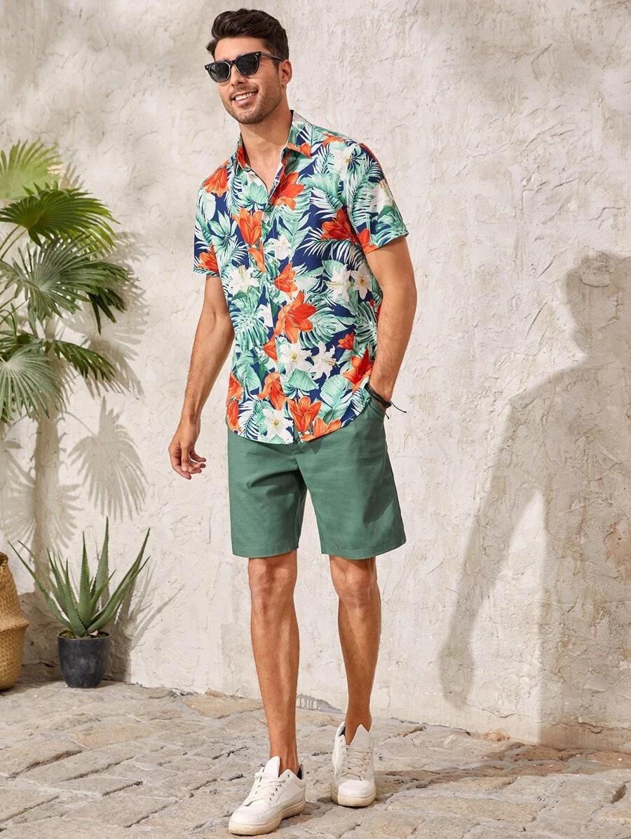 Men Beach Shirt Men Hawaiian Shirt Men Tropical Print Button - Etsy