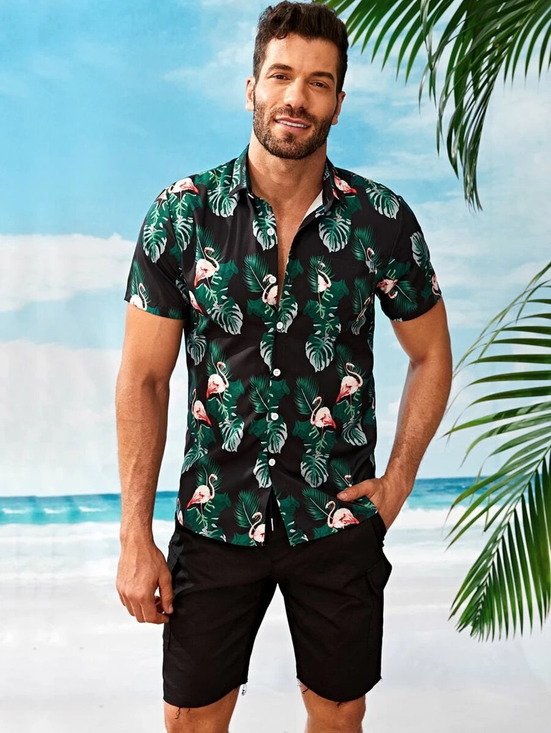 Men Beach Shirt Men Hawaiian Shirt Men Tropical & Flamingo - Etsy