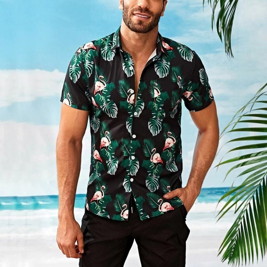 Beach Shirt| Men Hawaiian Shirt| Men Tropical & Flamingo Print Shirt