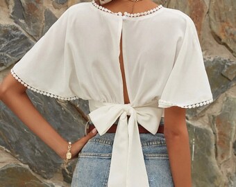 Women Crop Top| Women Top| Women Blouse| Women Shirt| Boho Top For Women| Gift For Women| Women Summer Top| Tie Back Surplice Front Blouse