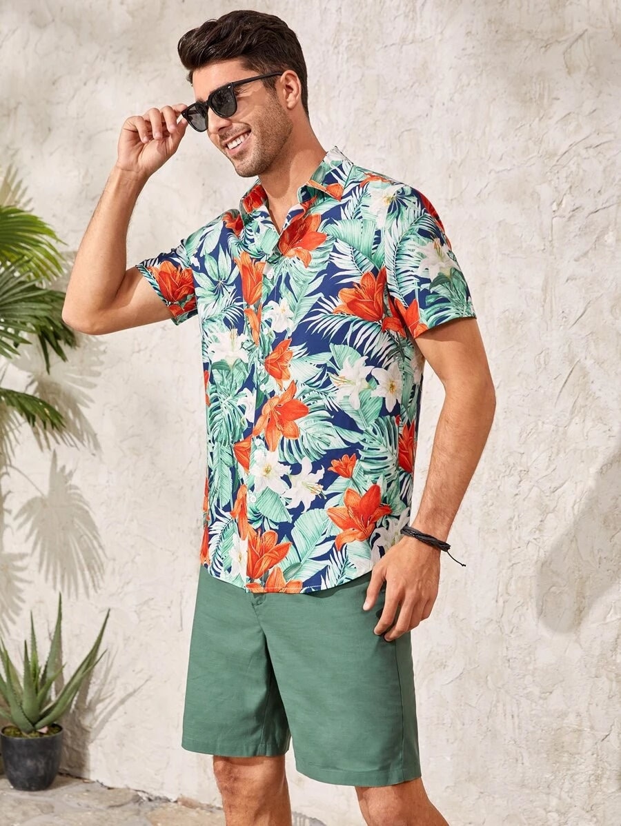 Men Beach Shirt Men Hawaiian Shirt Men Tropical Print Button - Etsy