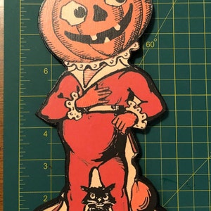 Retro Halloween Decoration Handmade Wood Johnny Pumpkin Head image 4