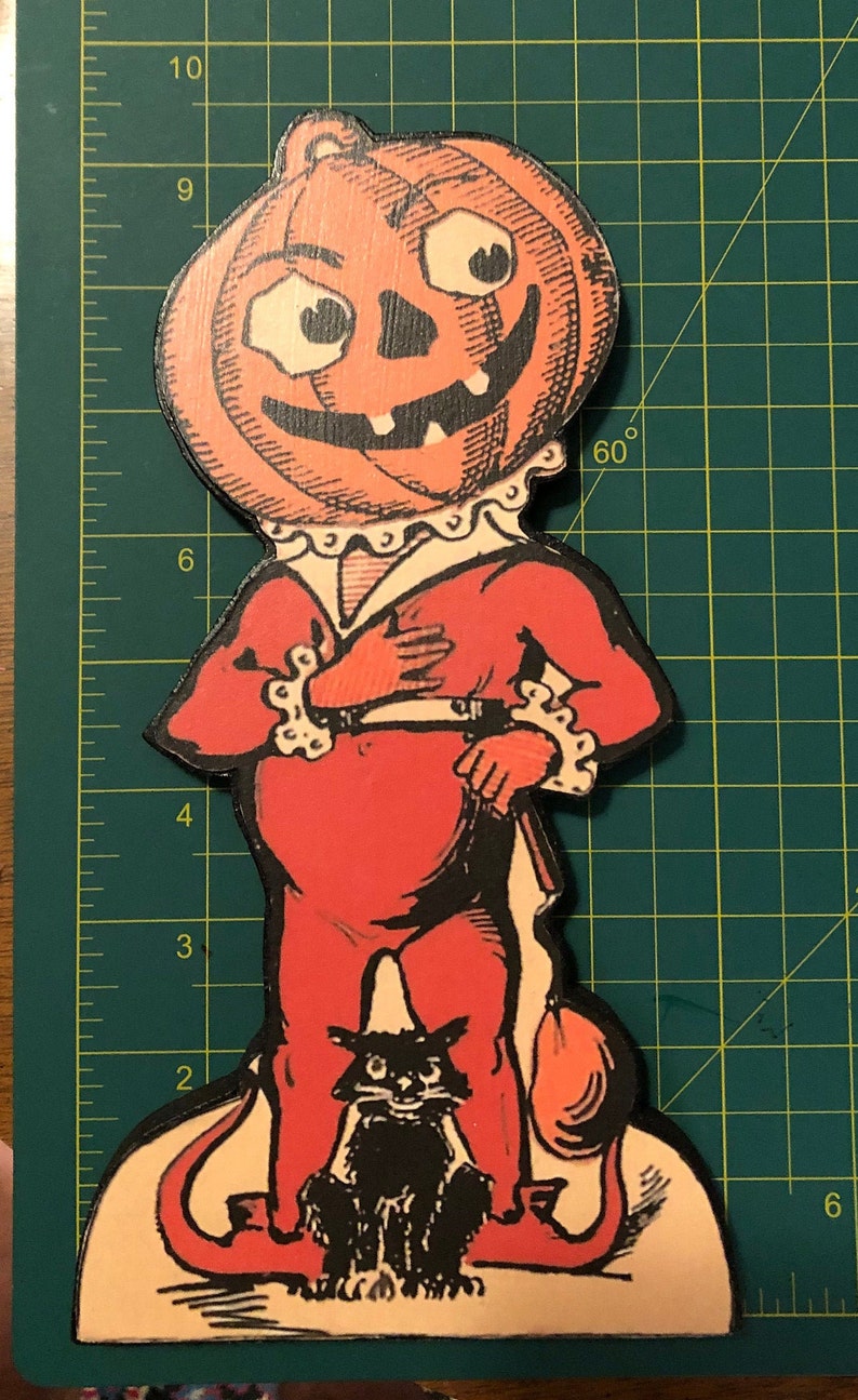 Retro Halloween Decoration Handmade Wood Johnny Pumpkin Head image 4