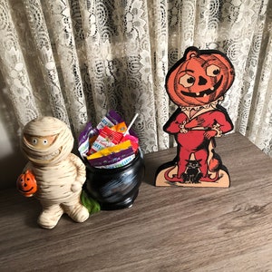 Retro Halloween Decoration Handmade Wood Johnny Pumpkin Head image 2