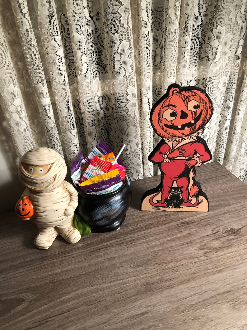 Retro Halloween Decoration Handmade Wood Johnny Pumpkin Head image 2