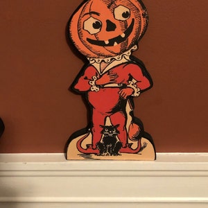 Retro Halloween Decoration Handmade Wood Johnny Pumpkin Head image 3