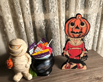 Retro Halloween Decoration Johnny Pumpkinhead with Cat