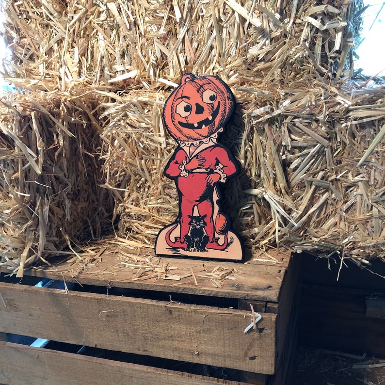 Retro Halloween Decoration Handmade Wood Johnny Pumpkin Head image 1